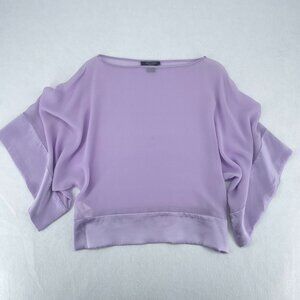 Karen Kane Lifestyle M Purple 100% Silk Chiffon Kimono Sleeve Top Satin Trim